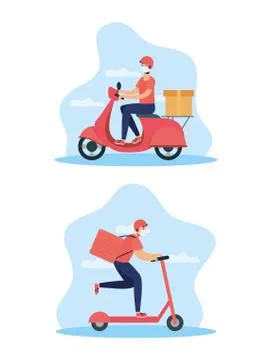 Delivery workers using face masks in motorcycle and skate Illustrazione stock