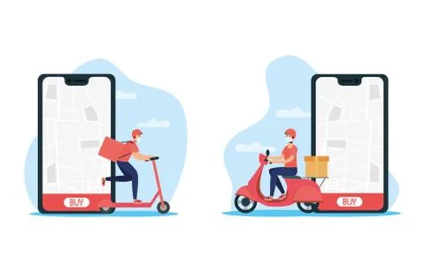 Delivery workers using face masks in motorcycle and skate with smartphone Illustrazione stock