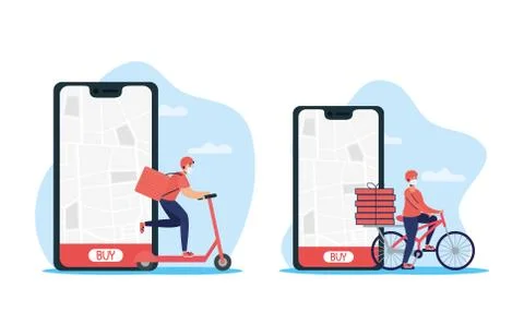 Delivery workers using face masks in bicycle and skate with smartphone Illustrazione stock