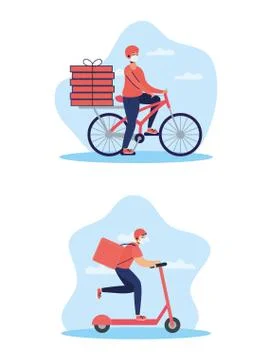 Delivery workers using face masks in bicycle and skate Illustrazione stock