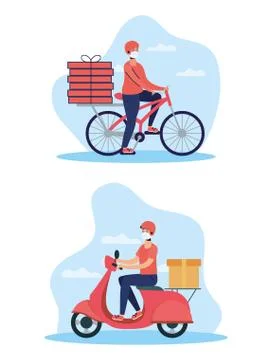 Delivery workers using face masks in motorcycle and bicycle Illustrazione stock