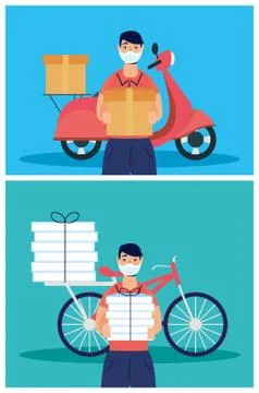 Delivery workers using face masks in motorcycle and bicycle Illustrazione stock