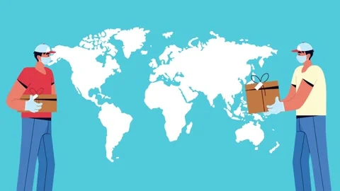 Delivery workers wearing face masks and holding boxes with world map backgr.. Stock Footage 333355046