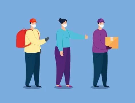 Delivery workers with woman using face mask Illustrazione stock
