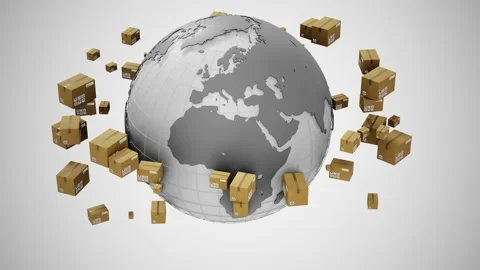 Delivery worldwide in front of the spinning globe on clear background.  Stock Footage