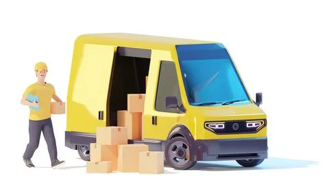 Deliveryman loading cardboard boxes in van Stock Illustration