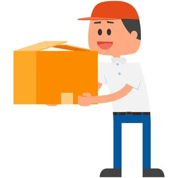 Deliveryman with parcel box vector icon isolated on white Illustrazione stock