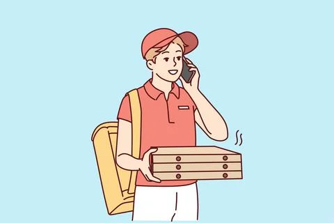 Deliveryman with pizza boxes calling client Stock Illustration