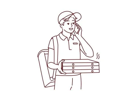Deliveryman with pizza boxes calling client Stock Illustration