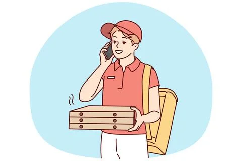Deliveryman with pizza boxes calling client Stock Illustration