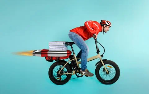 Deliveryman runs fast like a rocket with electric bike to deliver pizza Stock Photos