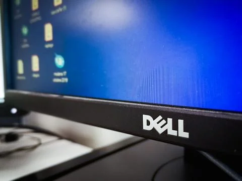 DELL brand logo computer screen blue desktop background Stock Photos