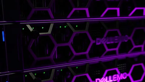 Dell EMC cloud storage server super computer with switch lights, Locked Stock Footage 228358322