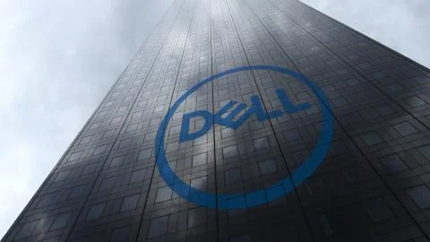 Dell Inc. logo on a skyscraper facade reflecting clouds. Editorial 3D rendering Stock Illustration