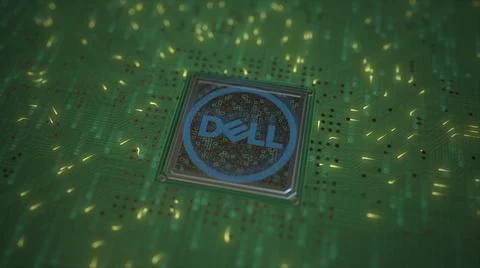 DELL logo on the chip on computer board. Conceptual editorial 3d rendering Stock Illustration