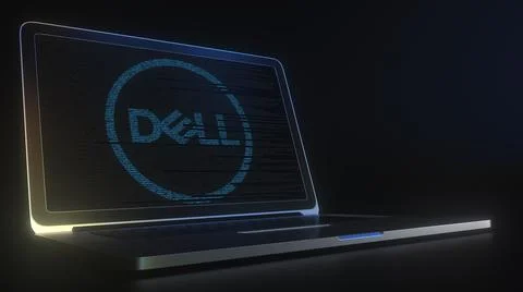 DELL logo made with computer code on the laptop screen. Editorial conceptual 3d Stock Illustration