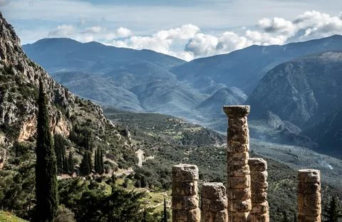 Delphi. Delfos Oracle Columns overlooking valley in ancient Greece Stock Photos