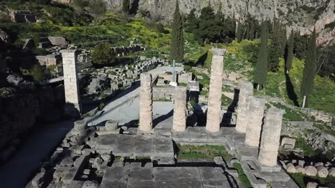 Delphi Greece, Drone Clip of Stone Pillars and Iron Pillar 2K Video stock 157997526