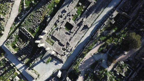 Delphi Greece, Drone Overhead Gliding Clip of Oracle Site 2K Stock Footage 157996526