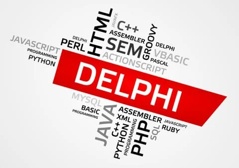 DELPHI word cloud, tag cloud, vector graphics - programming concept Illustrazione stock