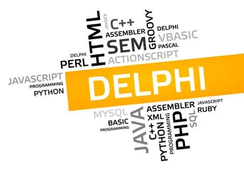 DELPHI word cloud, tag cloud, vector graphic - programming concept Illustrazione stock