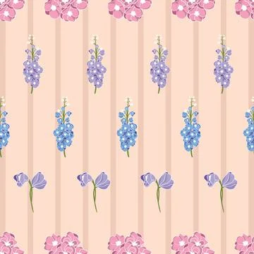 Delphinium flowers seamless vector pattern on beige striped background Stock Illustration