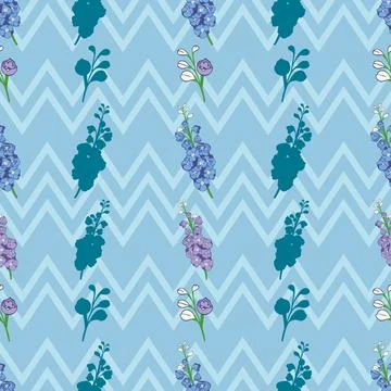 Delphinium flowers seamless vector pattern on blue chevron background Illustrazione stock
