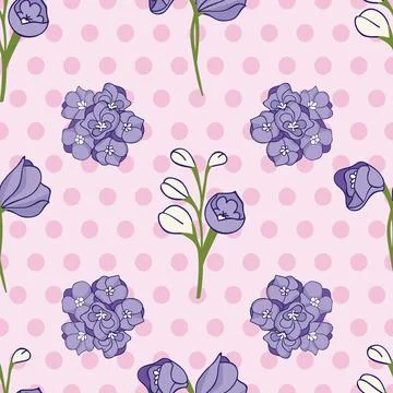 Delphinium flowers vector seamless pattern on pink polka dots background Stock Illustration