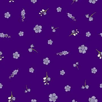 Delphinium small flowers seamless pattern design on purple background Stock Illustration