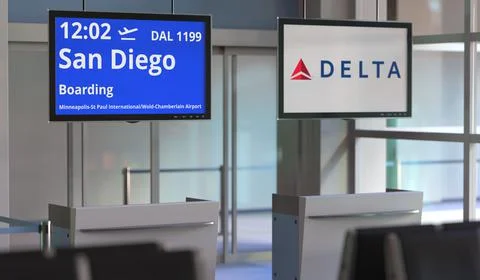 DELTA AIR LINES flight from Wold-chamberlain airport to San diego. Editorial 3d Stock Illustration