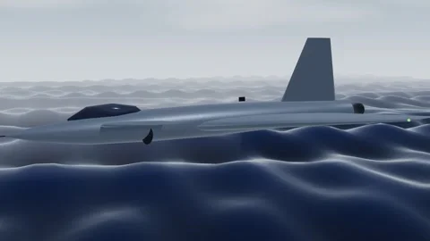 Delta wing interceptor on a low level run over a grey ocean 스톡 동영상 340875291