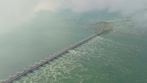 Delta Works Eastern Scheldt barrier for flood protection, Netherlands aerial Stock Footage 315978627