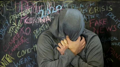 Delusional devastated man having panic attack, coronavirus horror pandemic Stock Footage 140154136