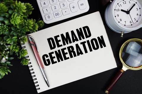 Demand Generation text written on notepad with alarm clock, magnifying glas.. Stock Photos