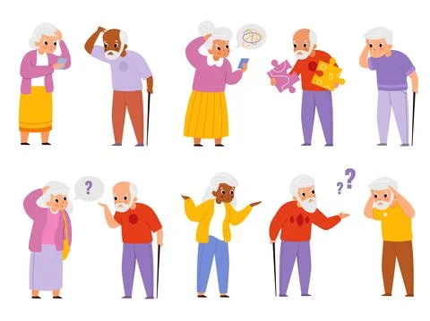Dementia people. Old men and women suffering memory loss, age-related changes Stock Illustration