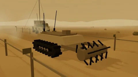 Demining robot working in a sandstorm Stock Footage 341388895