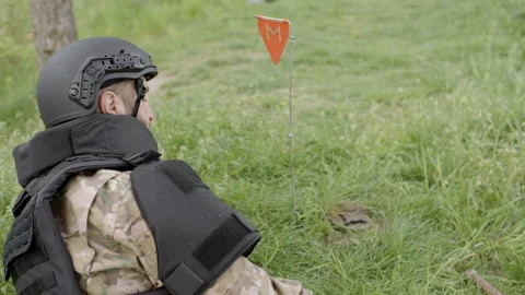 Demining works. War shells lie in the grass on a sunny day Stock Footage 255058315