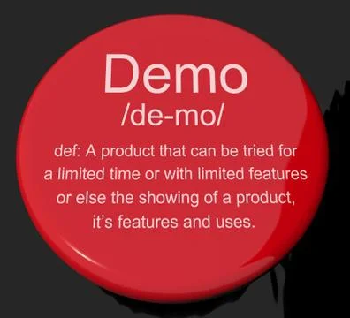 Demo definition button showing demonstration of software application or produ Illustrazione stock