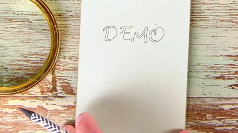 Demo Word Animated on Notepad with Pencil and Magnifying Glass Vídeo Stock 346312148