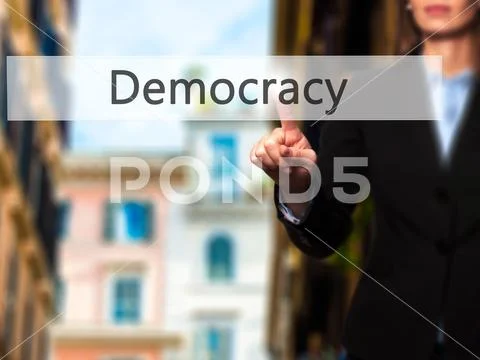 Democracy - Isolated female hand touching or pointing to button Stock Photos