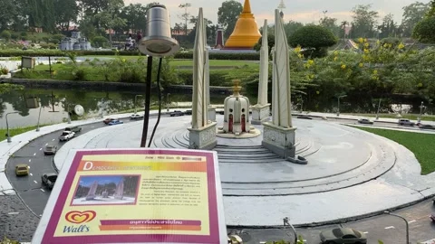 The Democracy Monument Model at Mini Siam, famous miniature park in Pattaya Stock Footage 221187354