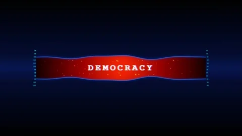 Democracy word display on animated red text banner with high tech digital e.. Stockbeeldmateriaal 344021814