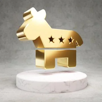 Democrat icon. Shiny golden Democrat symbol on white marble podium. Stock Illustration