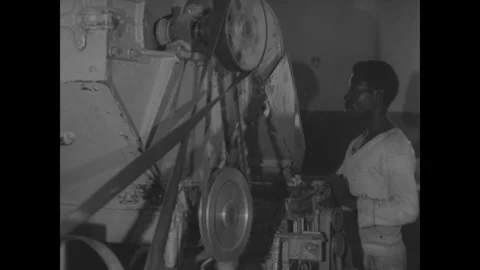DEMOCRATIC REPUBLIC OF THE CONGO - 1960s - Men pack cotton into bales in a Stock Footage 340592809