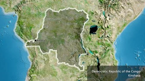 Democratic Republic of the Congo border shape overlay. Glowed. Satellite. L.. Stock Illustration