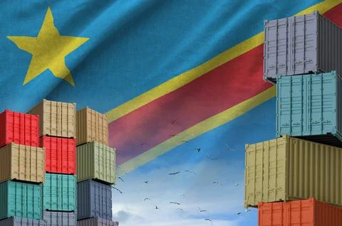 Democratic Republic of the Congo flag and big stack of shipping cargo containers イラスト素材