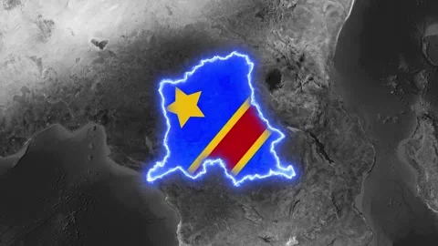 Democratic Republic of Congo map glowing with flag, animated motion footage Video stock 343860844