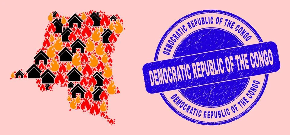 Democratic Republic of the Congo Map Mosaic of Fire and Buildings and Grunge Ilustración de archivo