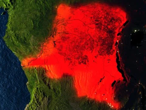 Democratic Republic of Congo in red from space at night Stock Illustration