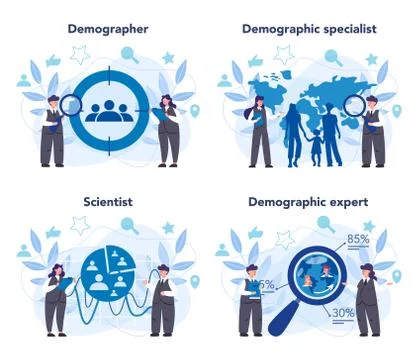 Demographer concept set. Scientist studying population, analyze data Stock Illustration